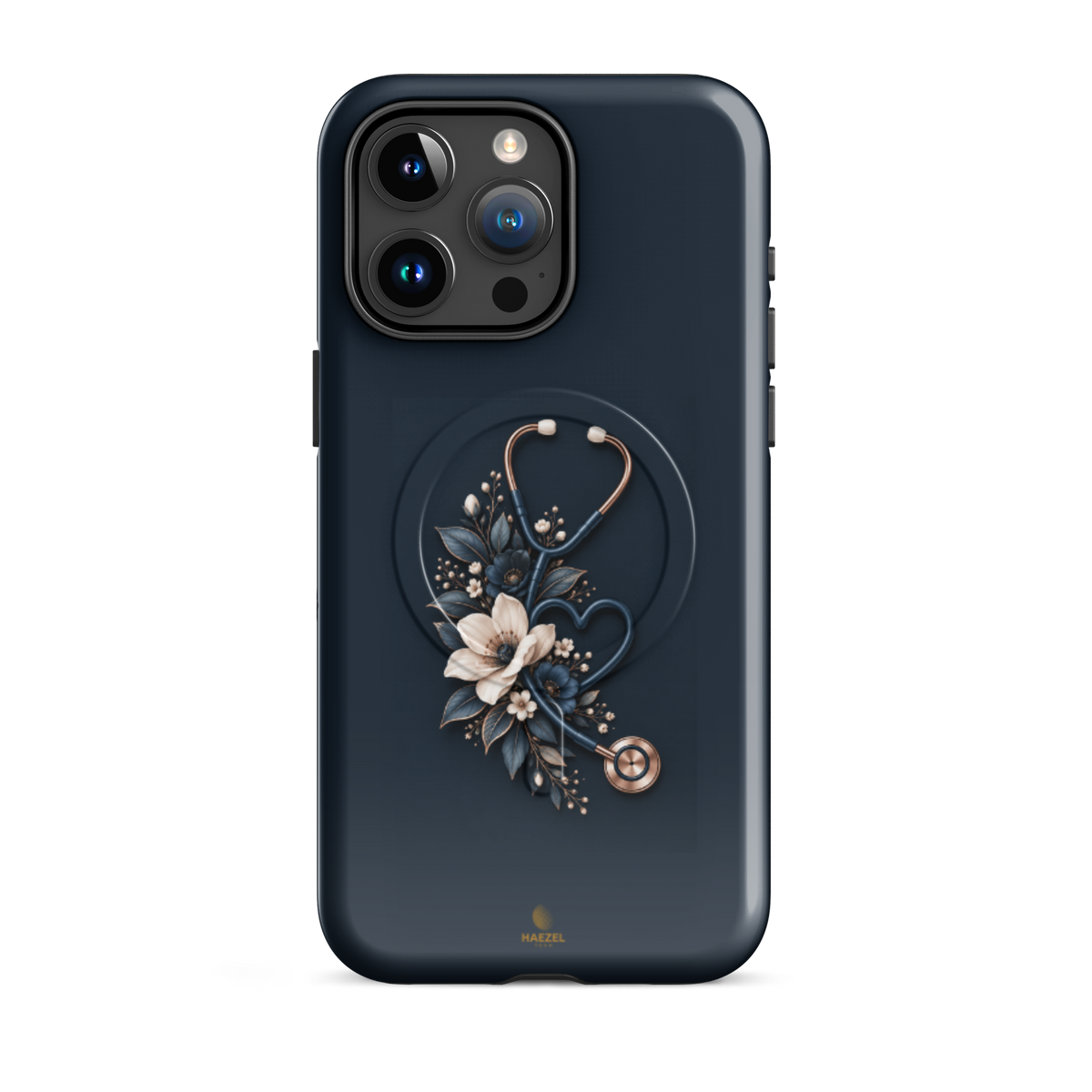 The Grace iPhone case - cream anemones and rose-gold stethoscope on navy. Haezel Tech Healer Series.