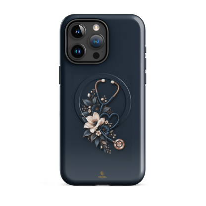The Grace iPhone Case, anemones and rose-gold stethoscope on navy. Haezel Tech Healer Series, view 8