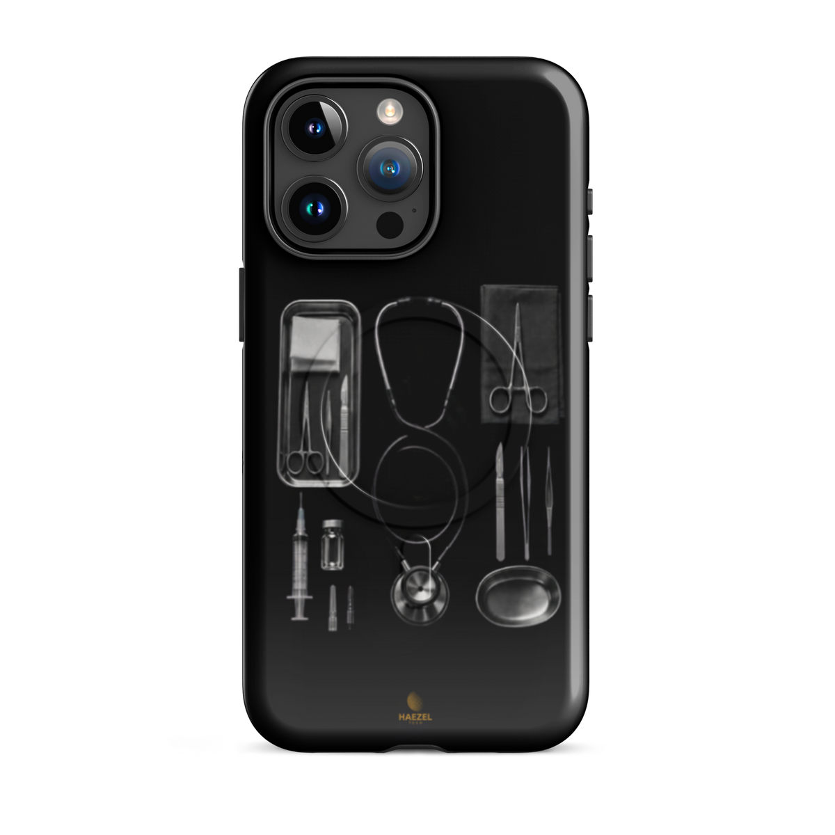The Theatre iPhone case - silver surgical instrument tray on black. Haezel Tech Healer Series.