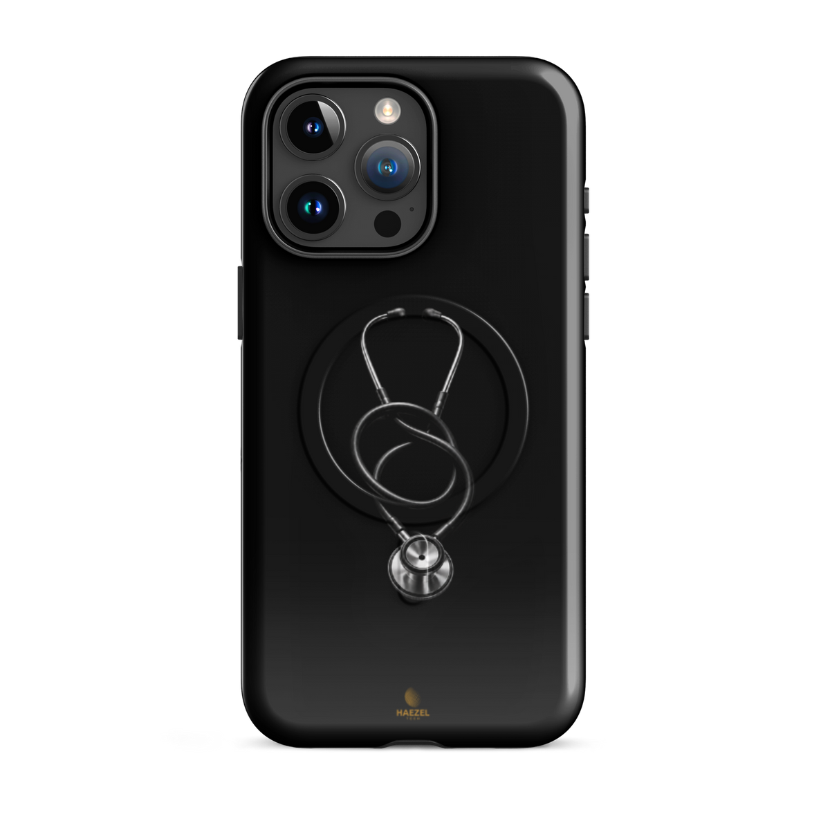 The Oath iPhone case - single silver stethoscope on black. Haezel Tech Healer Series.