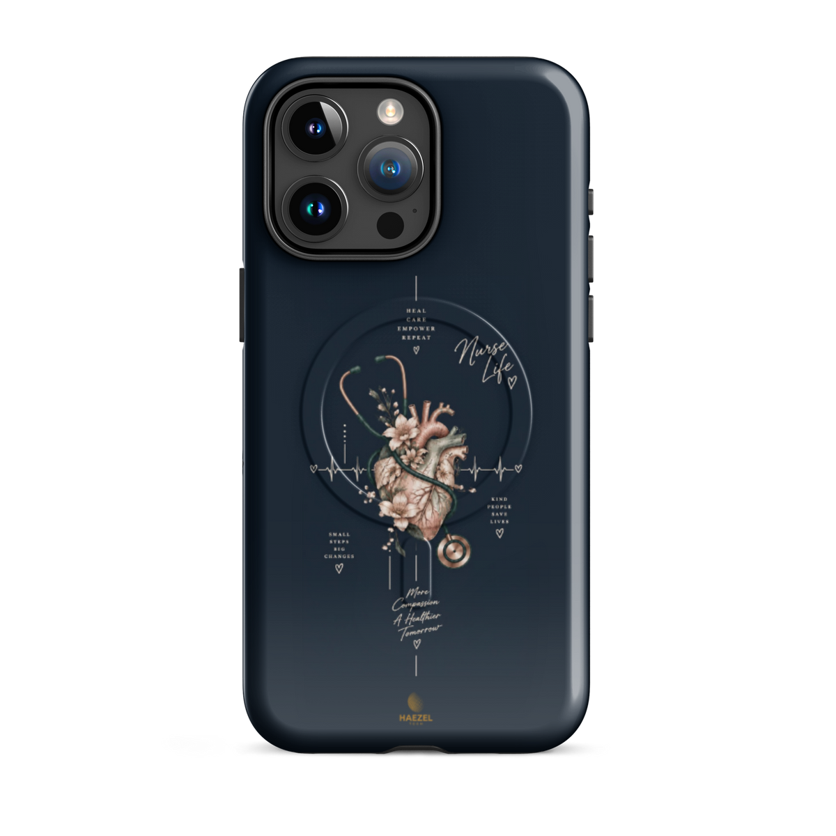 The Pulse iPhone case - anatomical heart in bloom with ECG line on navy. Haezel Tech Healer Series.