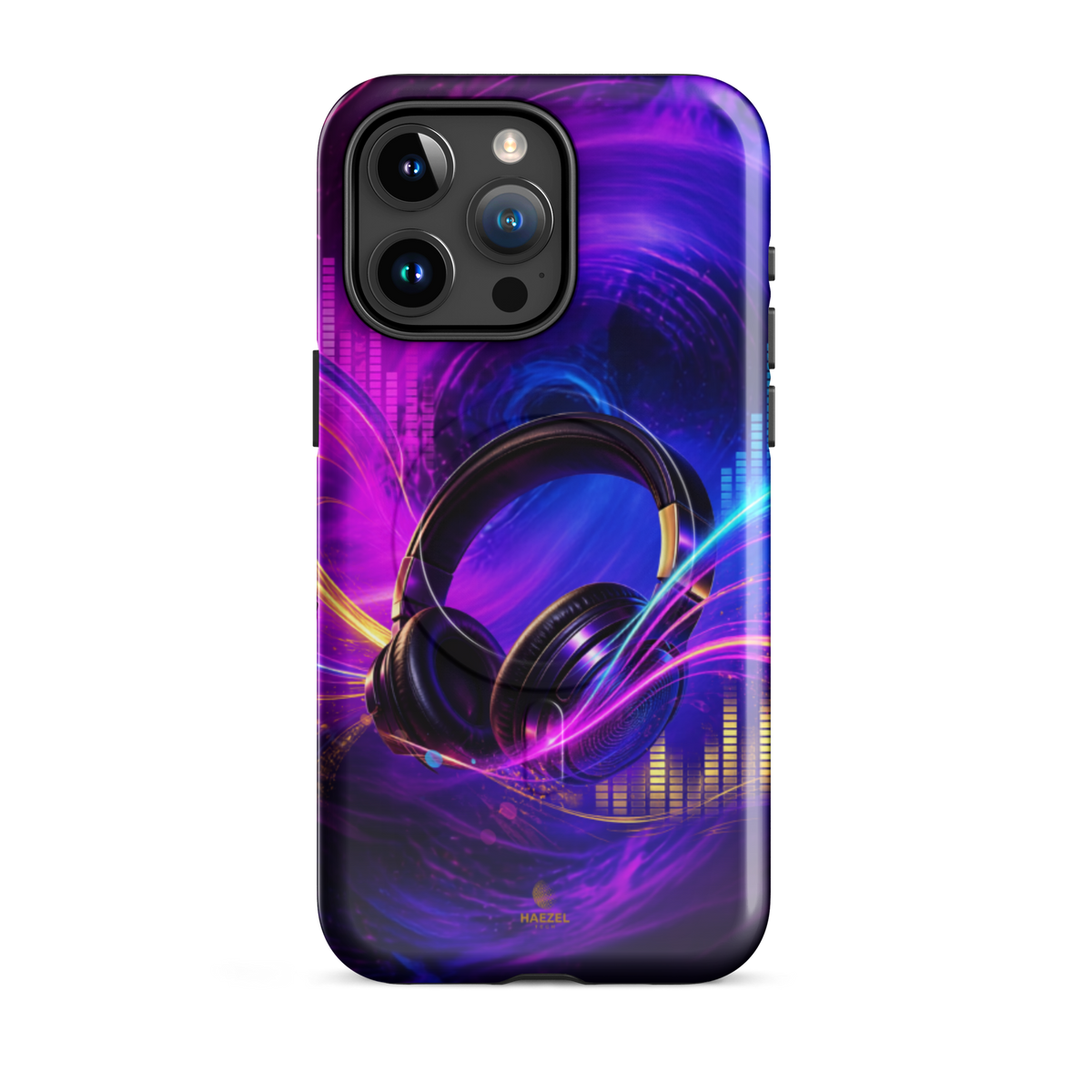 The Frequency iPhone Case, studio headphones on a neon equaliser swirl. Haezel Tech Rhythm Series, view 8