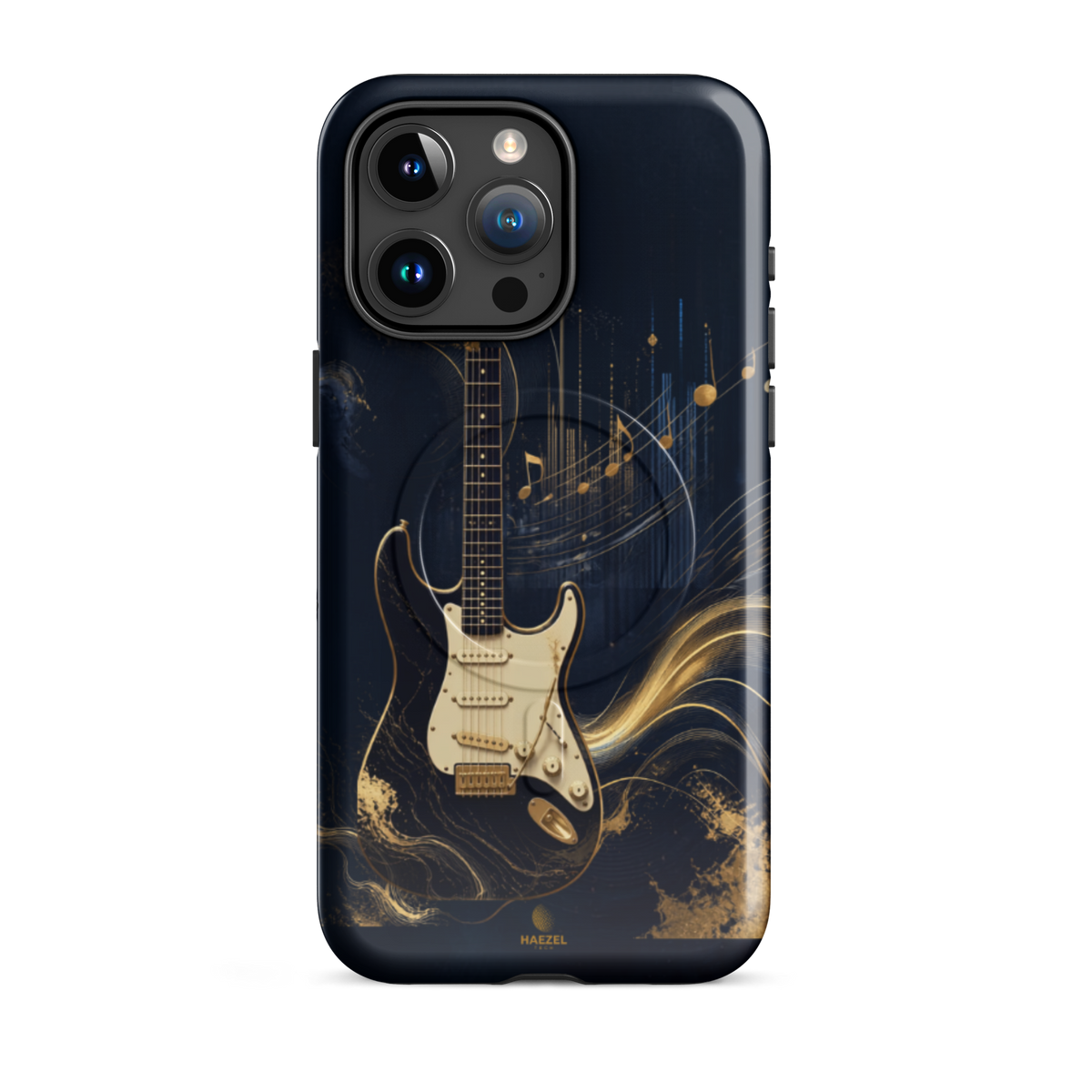 The Headliner iPhone Case, cream and gold electric guitar on navy. Haezel Tech Rhythm Series, view 8