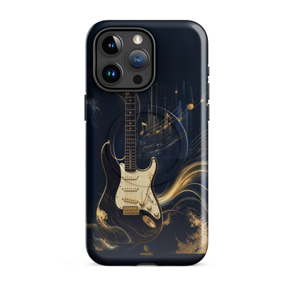 The Headliner iPhone Case, cream and gold electric guitar on navy. Haezel Tech Rhythm Series, view 8