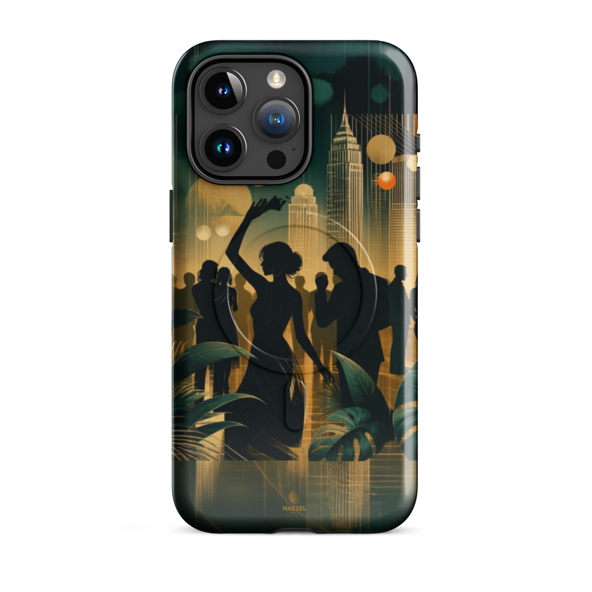 The Speakeasy iPhone Case, gold art deco dancers, city skyline and palm leaves. Haezel Tech Rhythm Series, view 8