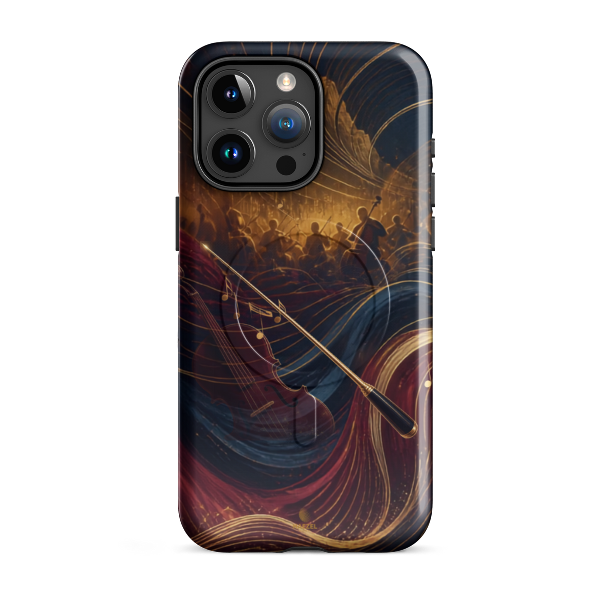 The Virtuoso iPhone Case, gold-line violin and bow over orchestra silhouettes. Haezel Tech Rhythm Series, view 8