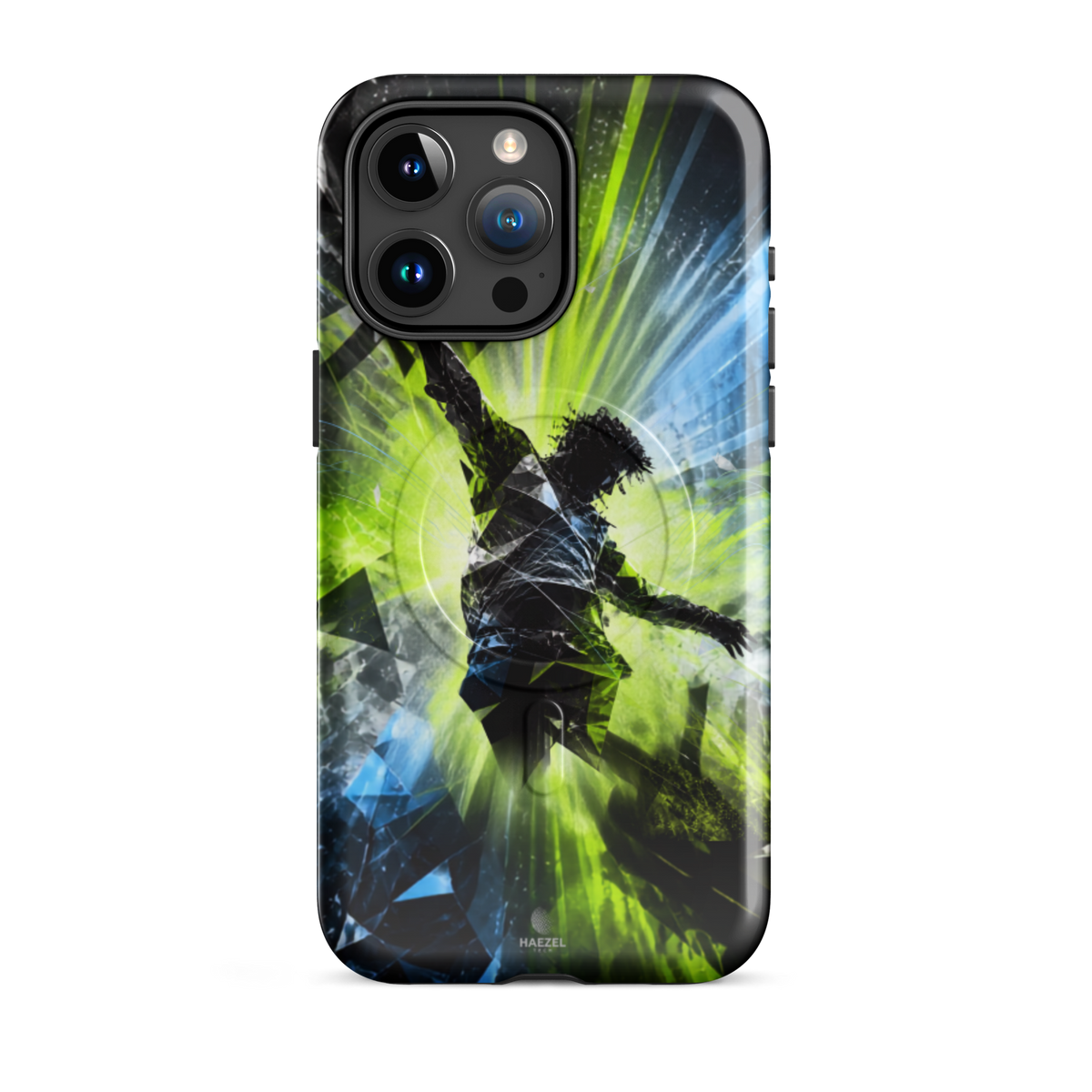 The Kinetic iPhone Case, lime dancer silhouette breaking into geometric shards. Haezel Tech Rhythm Series, view 8