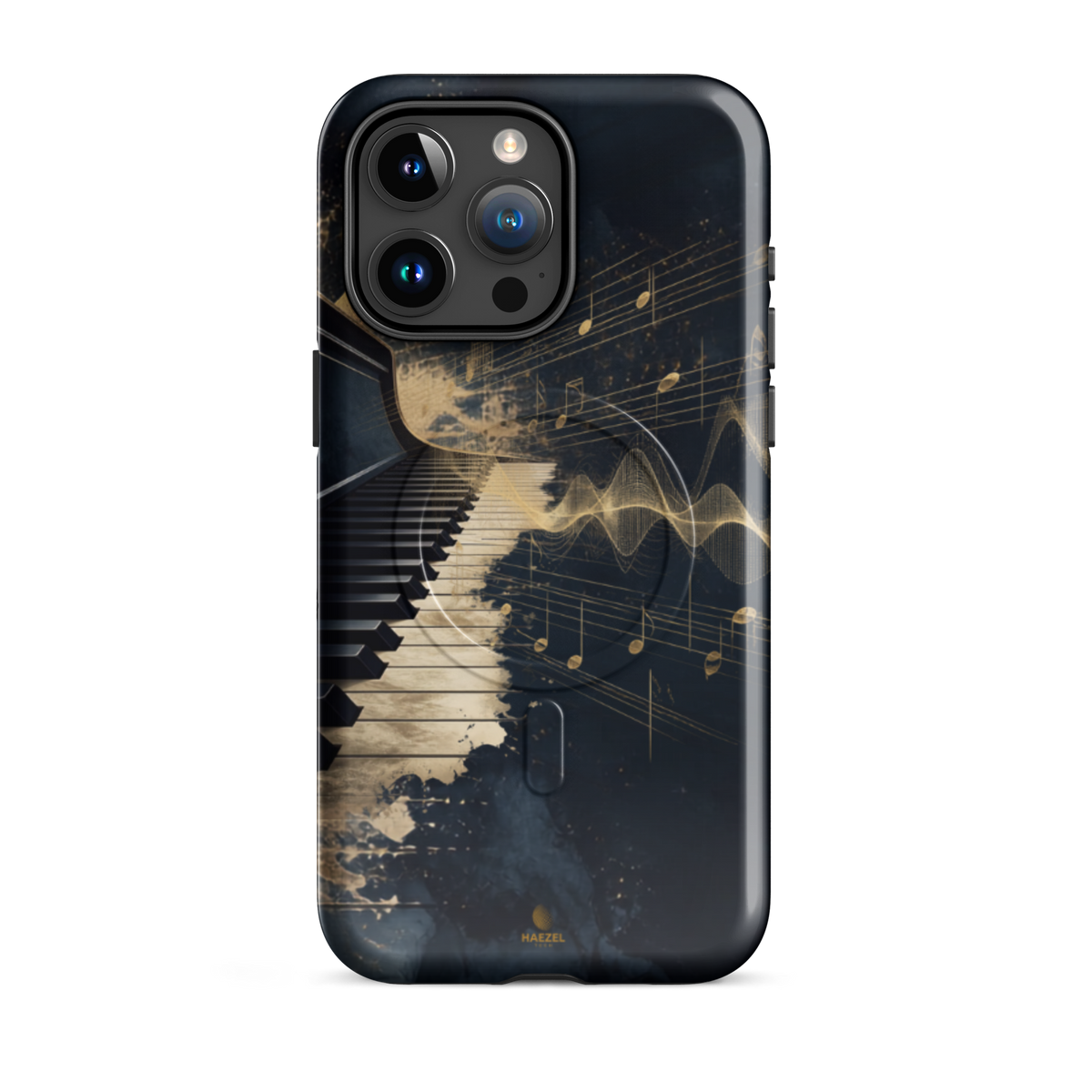 The Nocturne iPhone Case, piano keys and gold music notation on midnight navy. Haezel Tech Rhythm Series, view 8