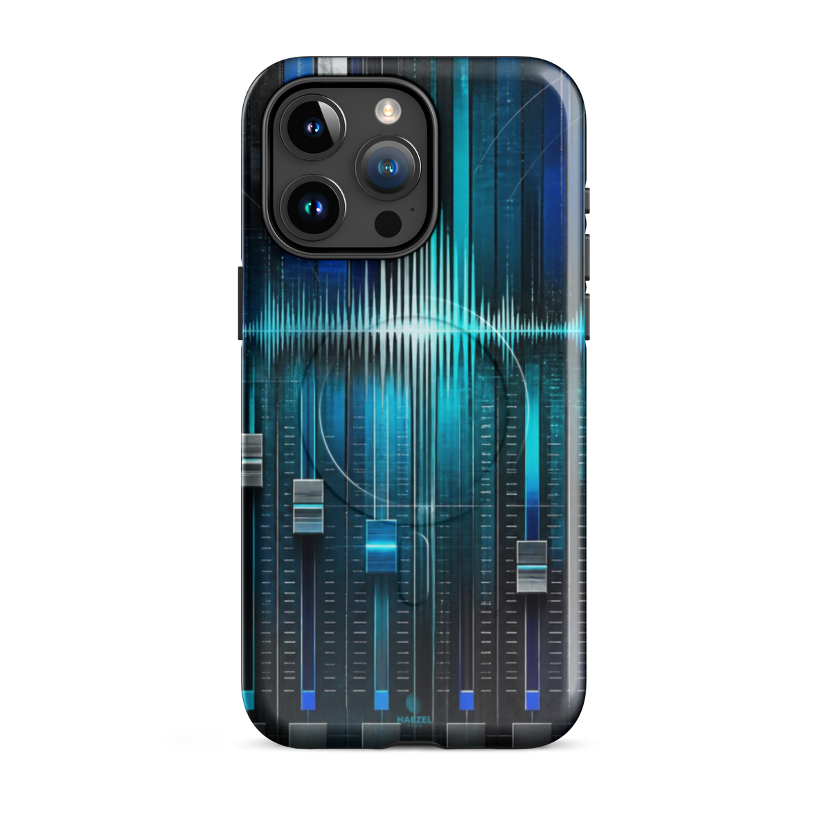 The Mixdown iPhone Case, cyan mixing desk faders and waveform peaks. Haezel Tech Rhythm Series, view 8