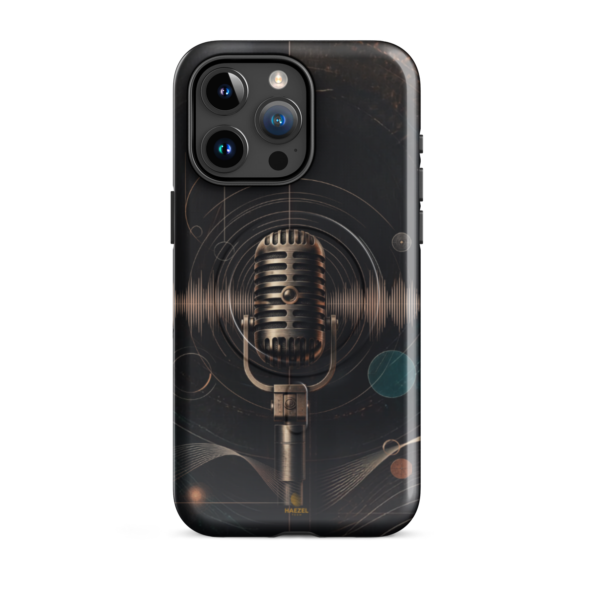 The Broadcast iPhone Case, bronze vintage microphone ringed by soundwaves. Haezel Tech Rhythm Series, view 8