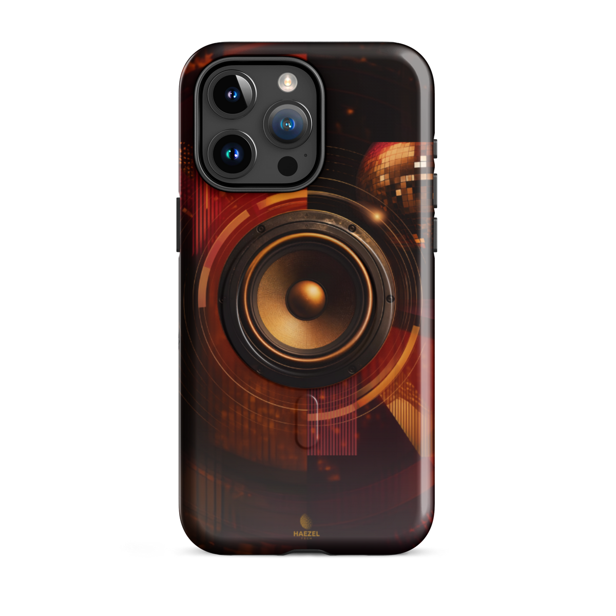 The Bassline iPhone Case, gold speaker cone split across red and black. Haezel Tech Rhythm Series, view 8