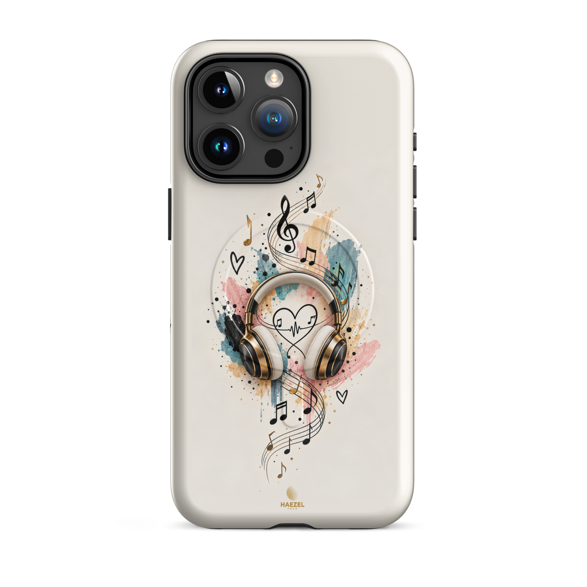 The Serenade Ivory iPhone Case, gold headphones and heartbeat in watercolour on ivory. Haezel Tech Rhythm Series, view 8