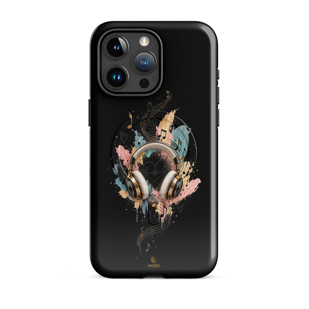 The Serenade Onyx iPhone Case, gold headphones and heartbeat in watercolour on black. Haezel Tech Rhythm Series, view 8