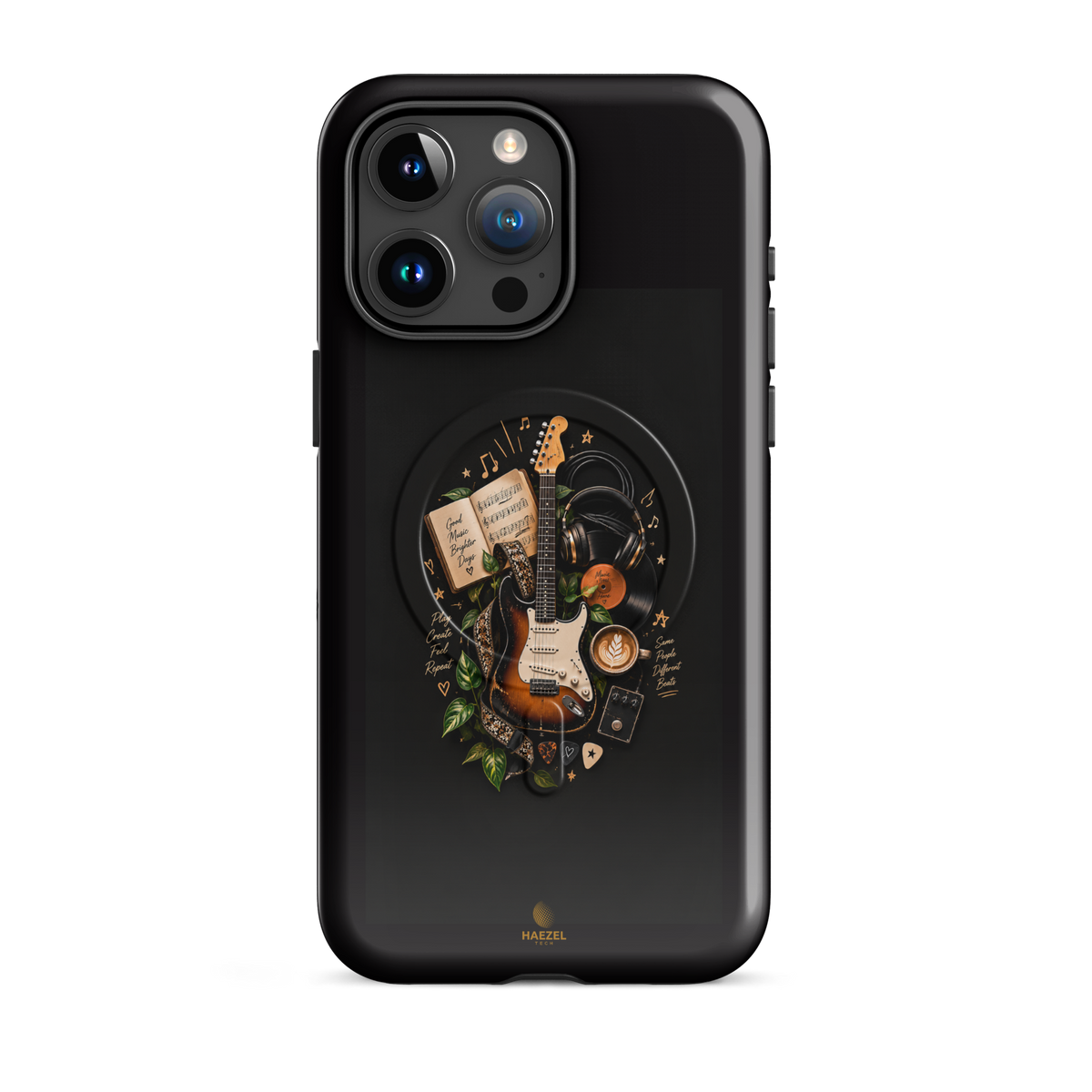The Songbook iPhone Case, sunburst guitar and open songbook on black. Haezel Tech Rhythm Series, view 8