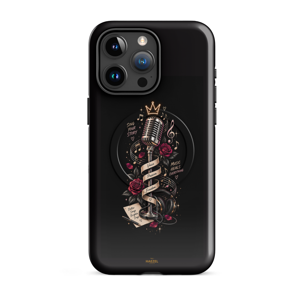 The Showstopper iPhone Case, crowned vintage microphone and red roses on black. Haezel Tech Rhythm Series, view 8