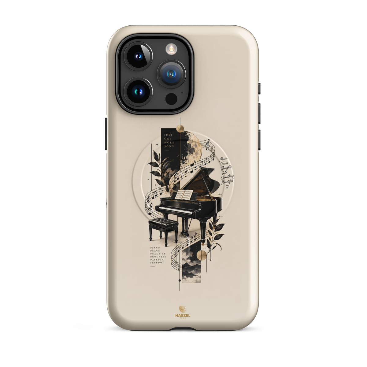 The Recital iPhone Case, grand piano and sheet music under a full moon on ivory. Haezel Tech Rhythm Series, view 8