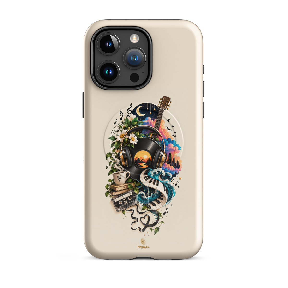 The Playlist iPhone Case, vinyl, headphones, guitar and cassette collage on ivory. Haezel Tech Rhythm Series, view 8