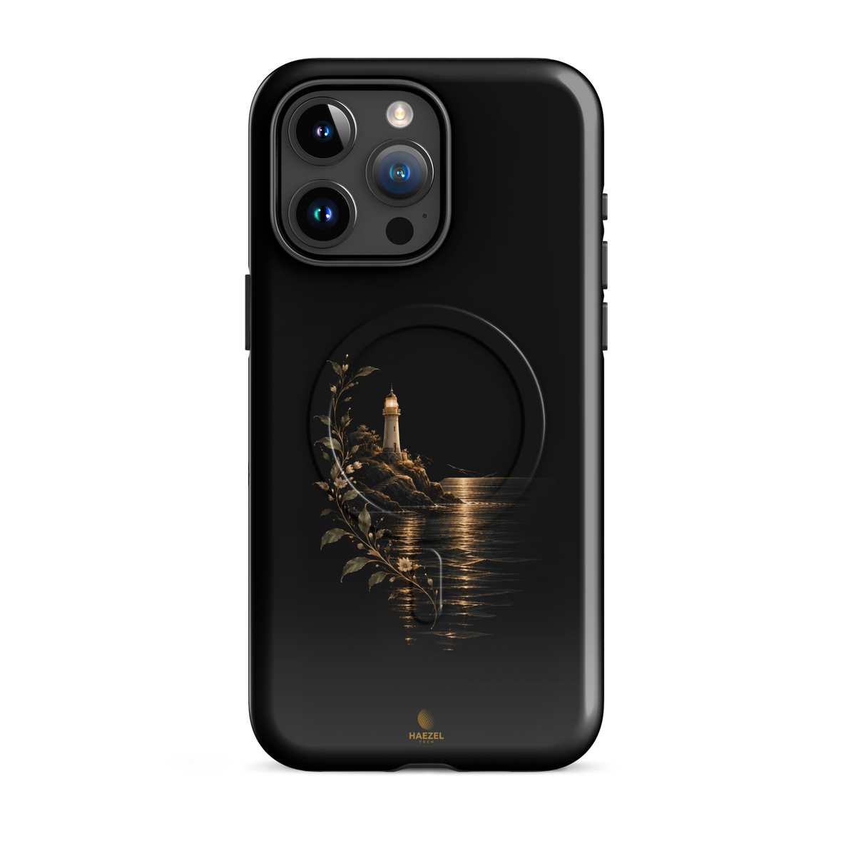 The Lighthouse iPhone Case, lighthouse glowing over still water with gold flowers on black. Haezel Tech Healer Series, view 8