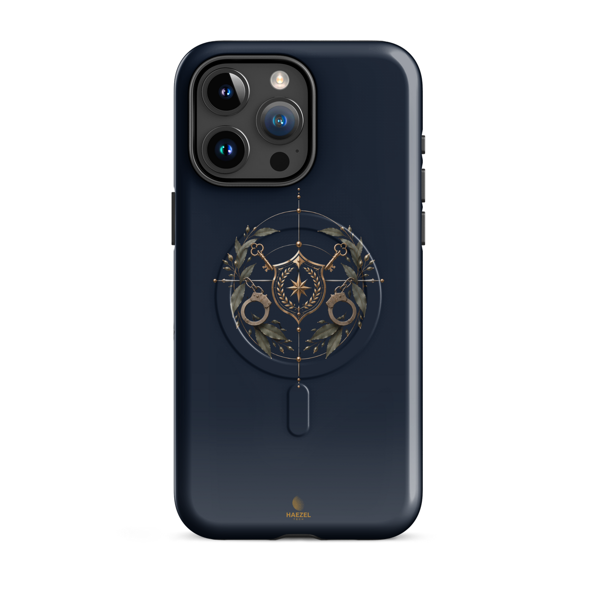 The Watch iPhone Case, gold shield with crossed keys and laurel wreath on navy. Haezel Tech Guardian Series, view 8