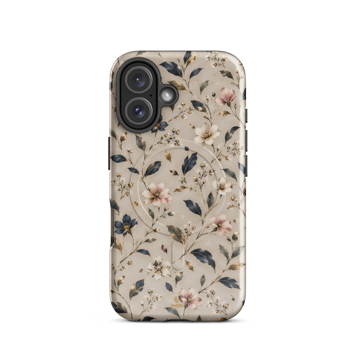 The Blossom iPhone Case by Haezel Tech — delicate pink and white blossom on ivory with navy leaves