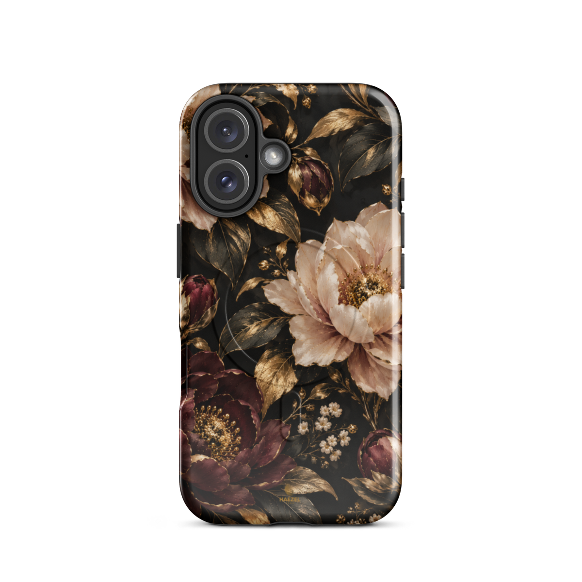The Peony iPhone Case by Haezel Tech — blush and burgundy peonies with gold foliage on black