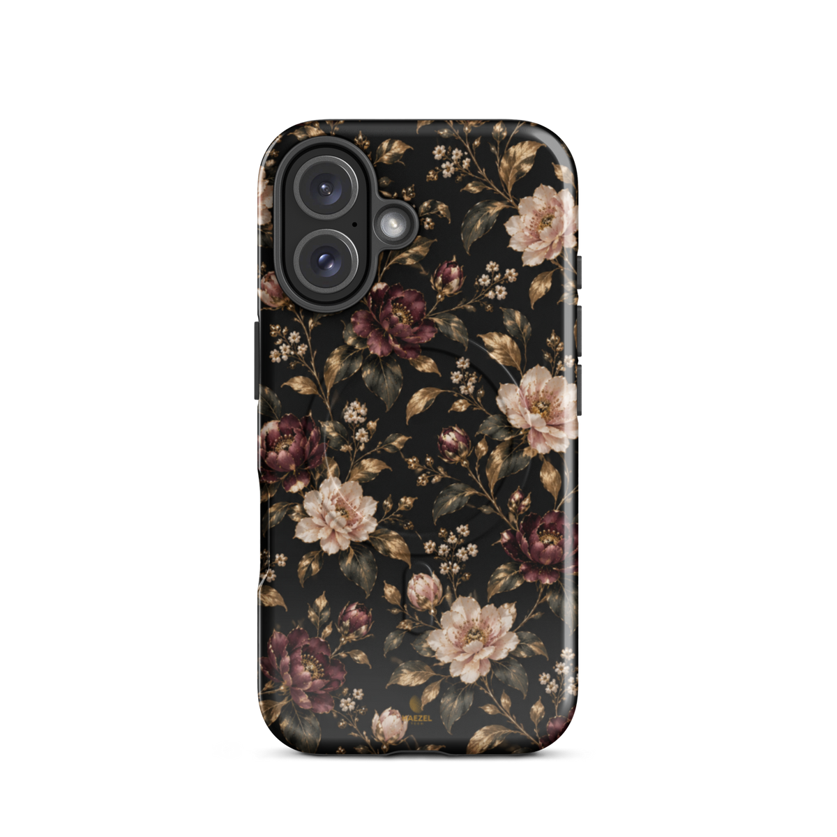 The Rosewood iPhone Case by Haezel Tech — dusky rose and burgundy florals with gold leaves on black