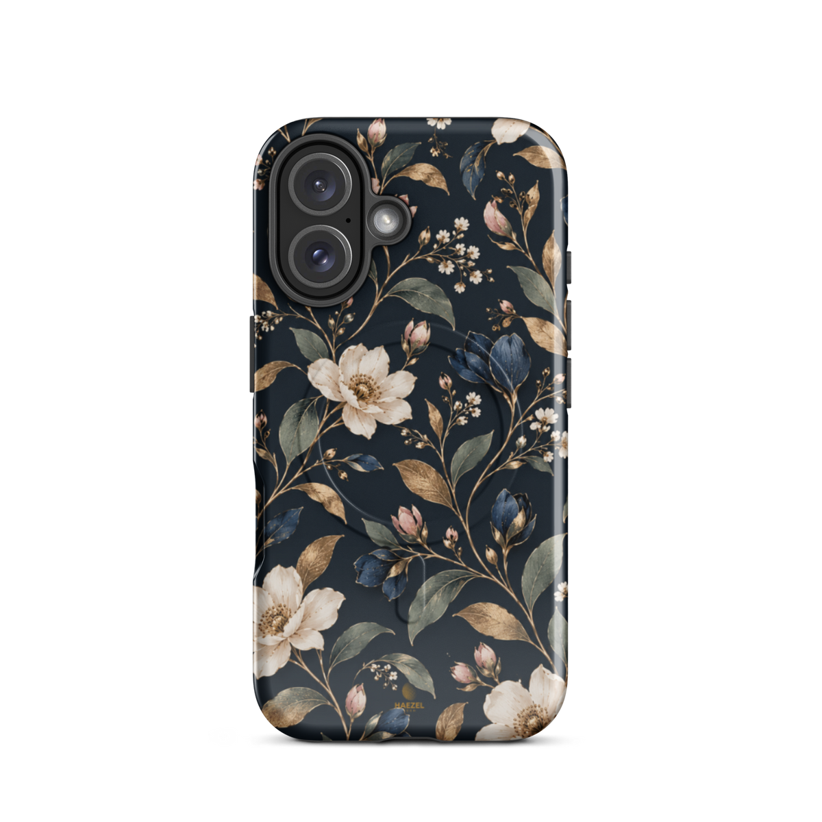 The Camellia iPhone Case by Haezel Tech — ivory camellias and gold leaves on deep navy