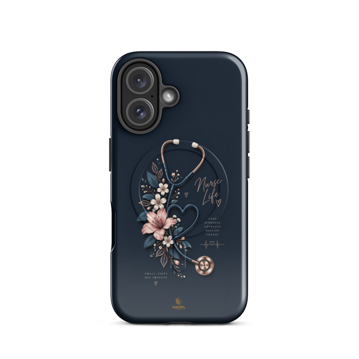The Pledge iPhone case - rose-gold stethoscope, lilies and heartbeat on navy. Haezel Tech Healer Series.
