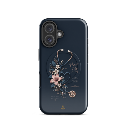 The Pledge iPhone Case, rose-gold stethoscope and lilies on navy. Haezel Tech Healer Series, view 9