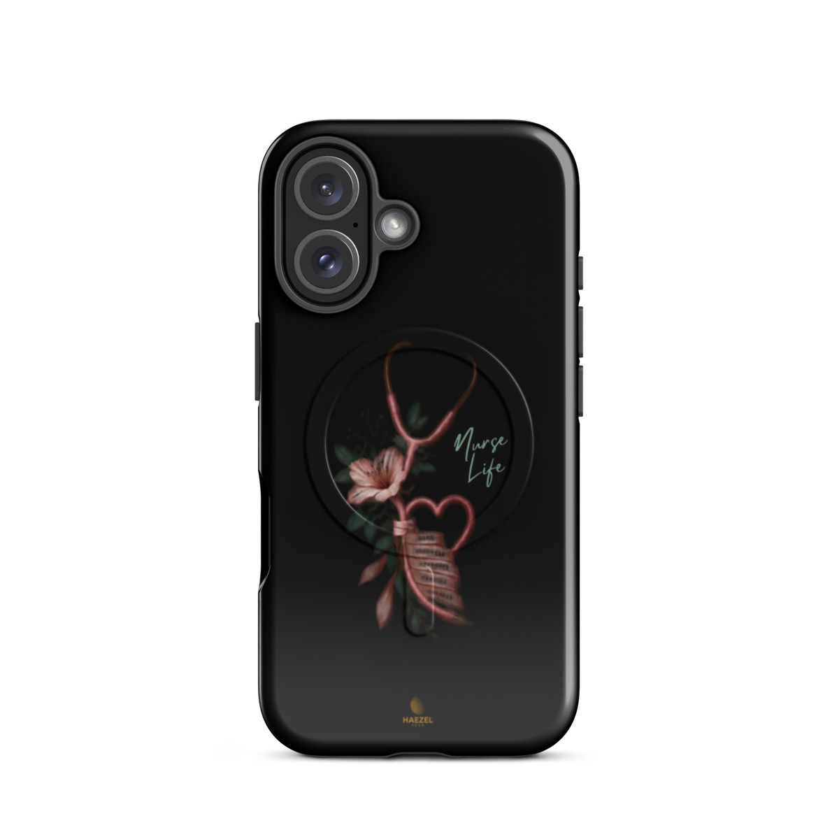 The Devotion Onyx iPhone case - rose stethoscope heart and lilies on black. Haezel Tech Healer Series.