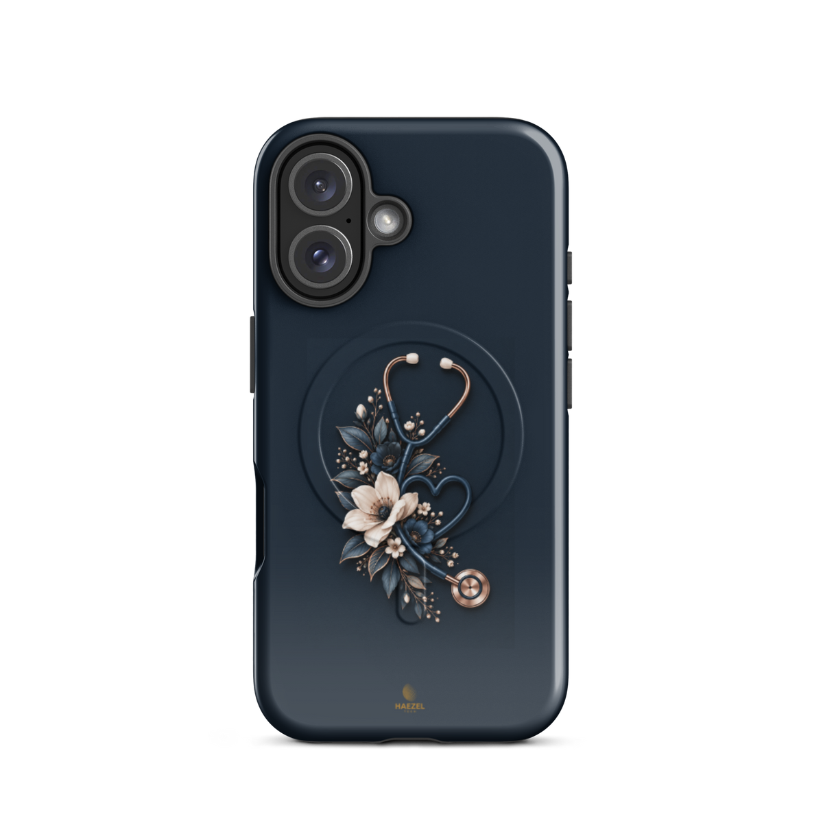 The Grace iPhone case - cream anemones and rose-gold stethoscope on navy. Haezel Tech Healer Series.