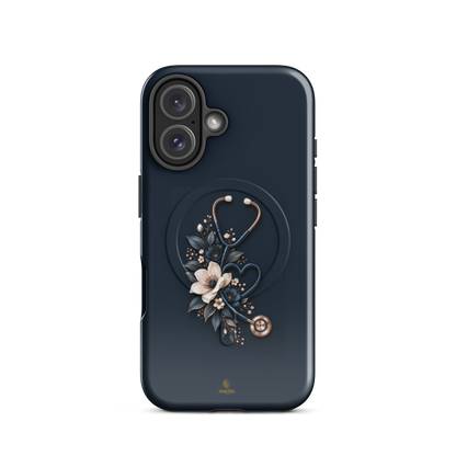 The Grace iPhone Case, anemones and rose-gold stethoscope on navy. Haezel Tech Healer Series, view 9