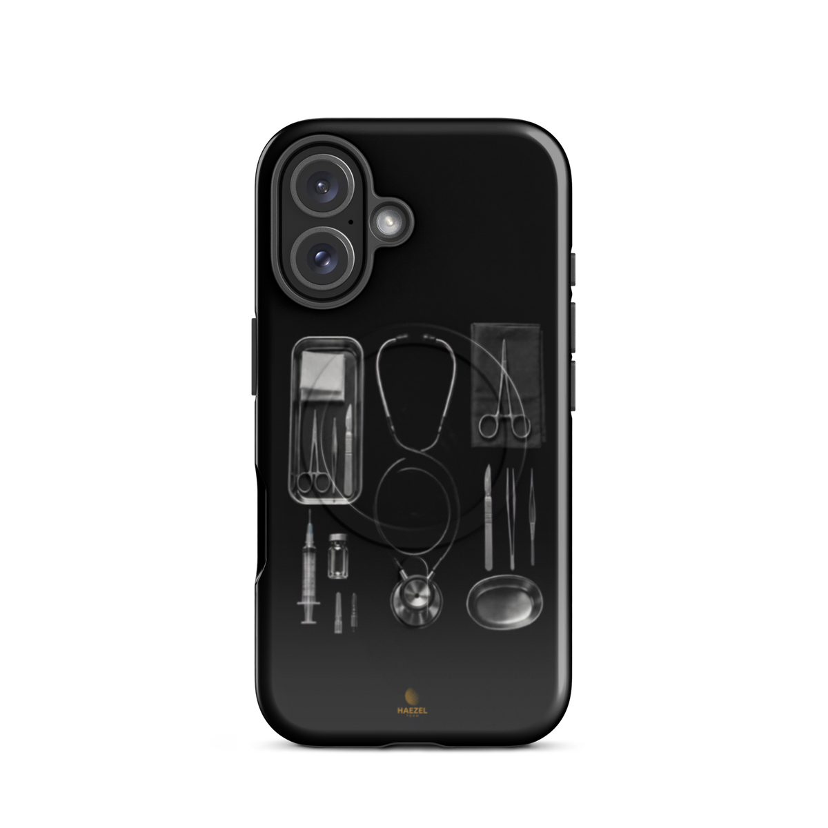 The Theatre iPhone case - silver surgical instrument tray on black. Haezel Tech Healer Series.