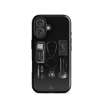 The Theatre iPhone Case, silver surgical instrument tray on black. Haezel Tech Healer Series, view 9