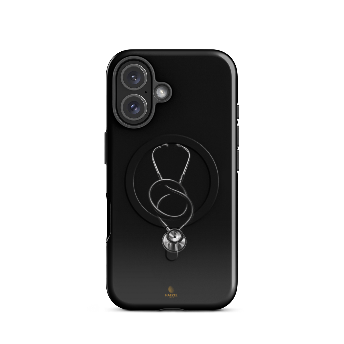 The Oath iPhone case - single silver stethoscope on black. Haezel Tech Healer Series.