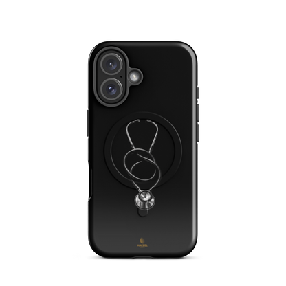 The Oath iPhone Case, single silver stethoscope on black. Haezel Tech Healer Series, view 9
