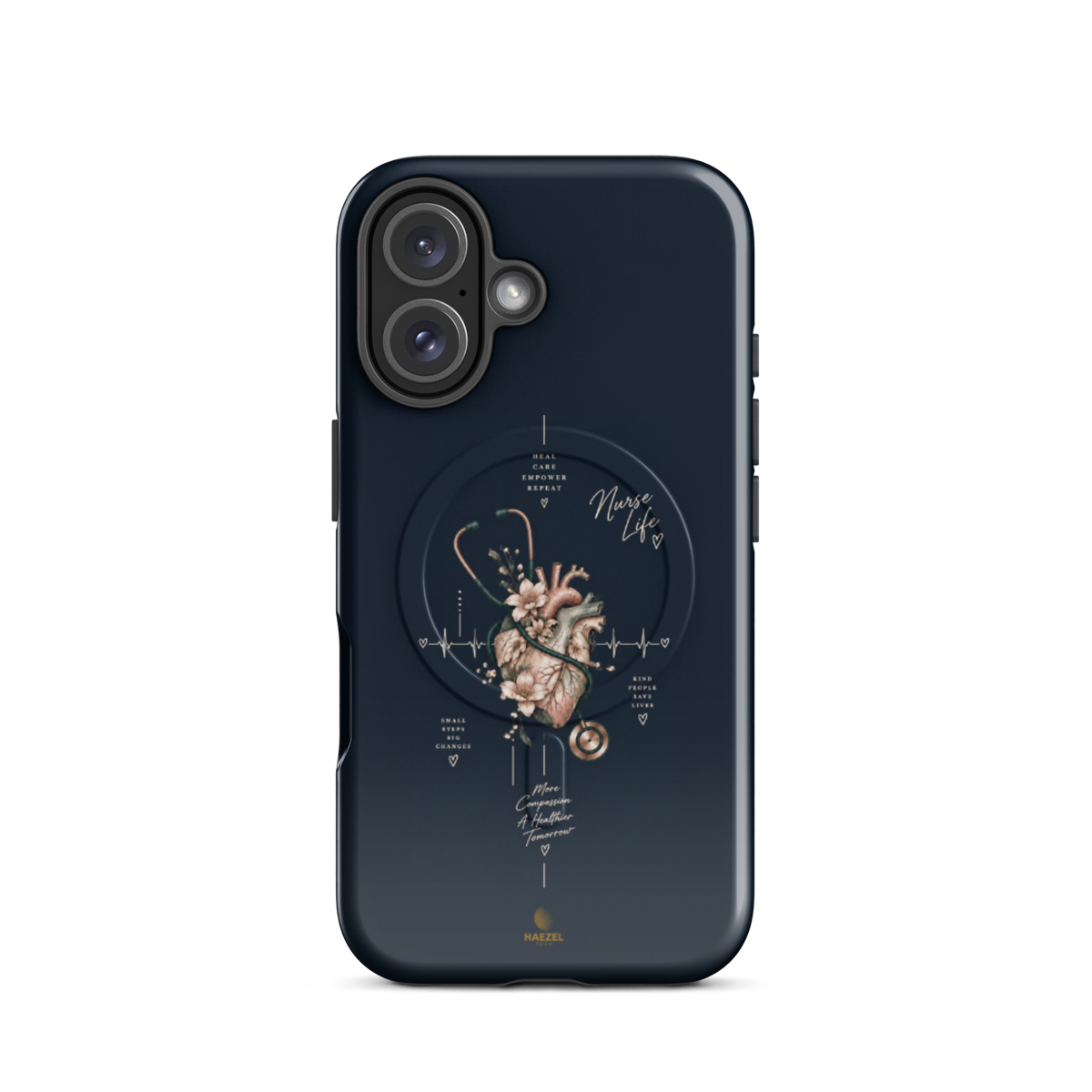 The Pulse iPhone case - anatomical heart in bloom with ECG line on navy. Haezel Tech Healer Series.