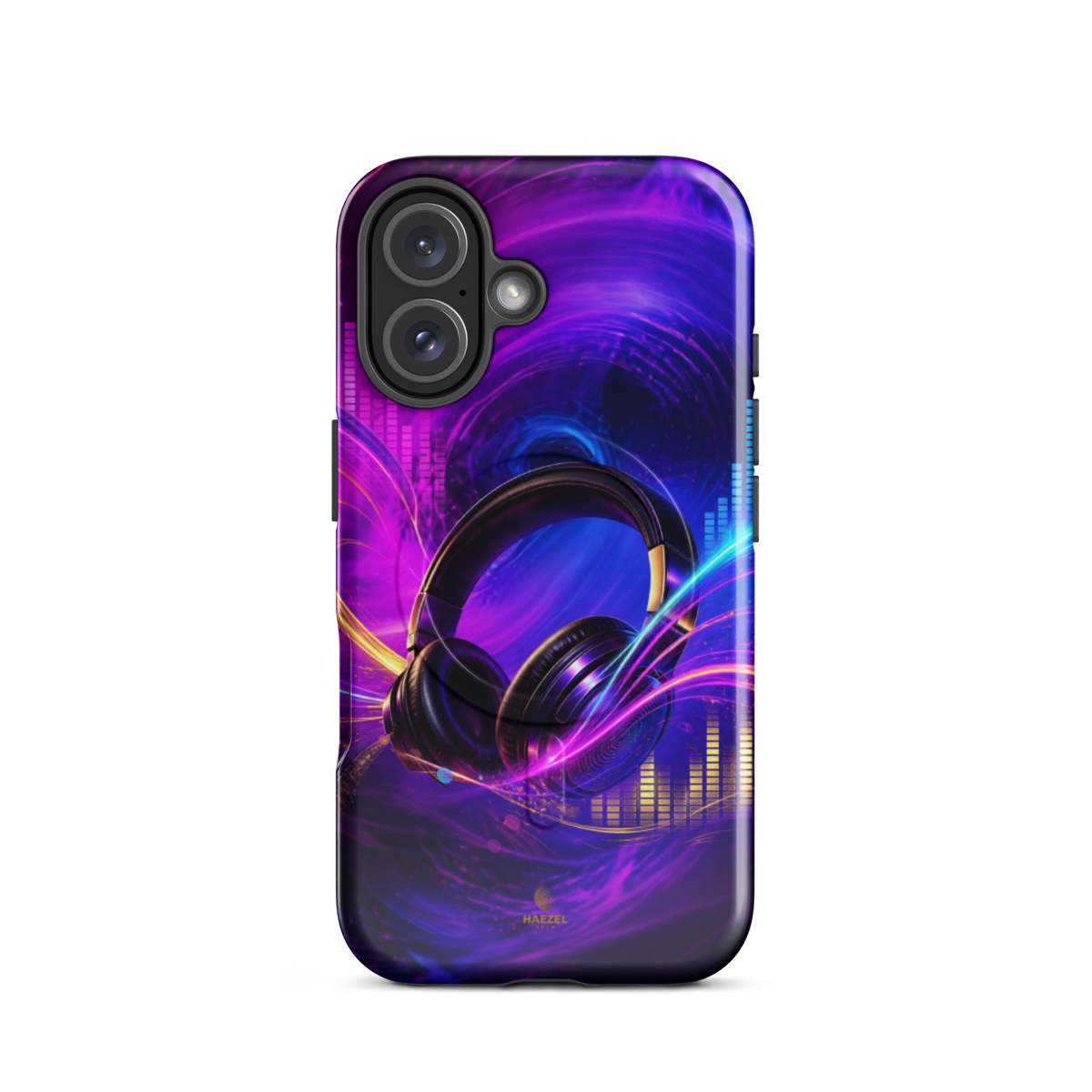 The Frequency iPhone Case, studio headphones on a neon equaliser swirl. Haezel Tech Rhythm Series, view 9