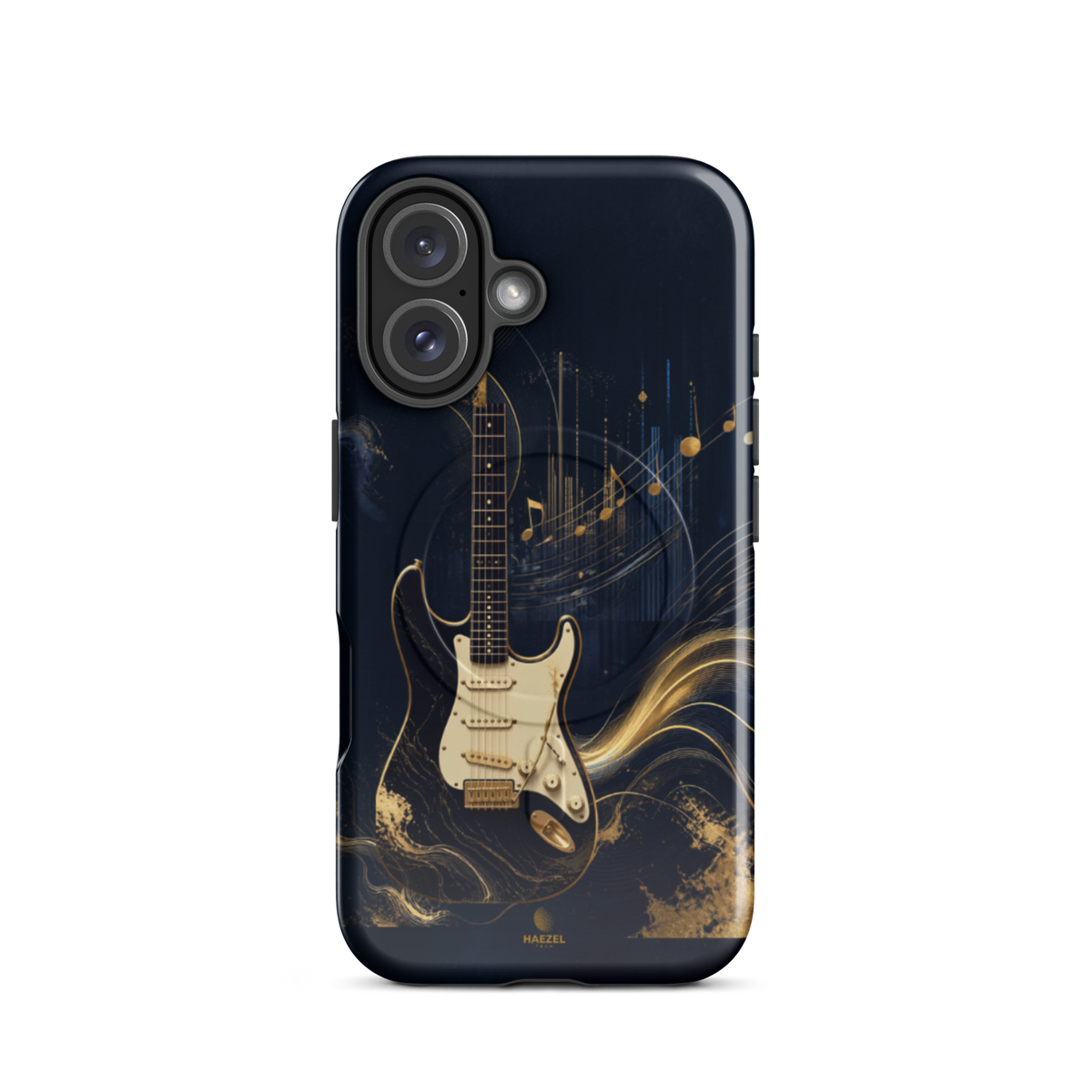 The Headliner iPhone Case, cream and gold electric guitar on navy. Haezel Tech Rhythm Series, view 9