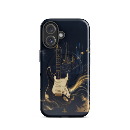 The Headliner iPhone Case, cream and gold electric guitar on navy. Haezel Tech Rhythm Series, view 9