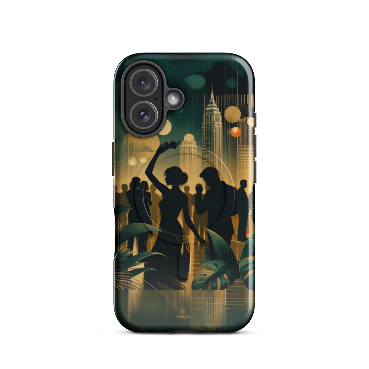 The Speakeasy iPhone Case, gold art deco dancers, city skyline and palm leaves. Haezel Tech Rhythm Series, view 9