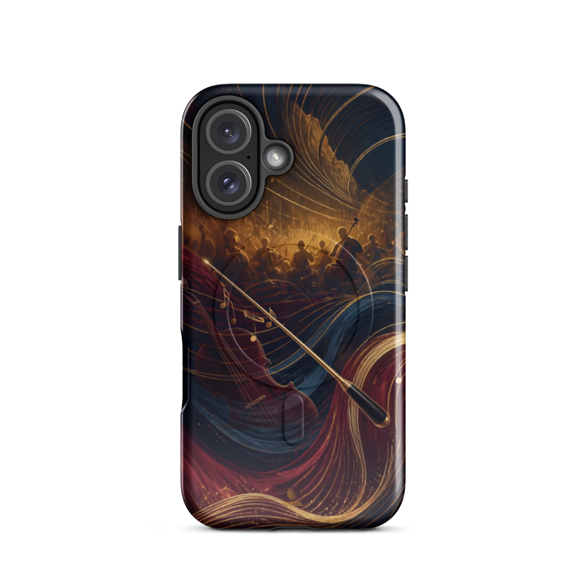 The Virtuoso iPhone Case, gold-line violin and bow over orchestra silhouettes. Haezel Tech Rhythm Series, view 9
