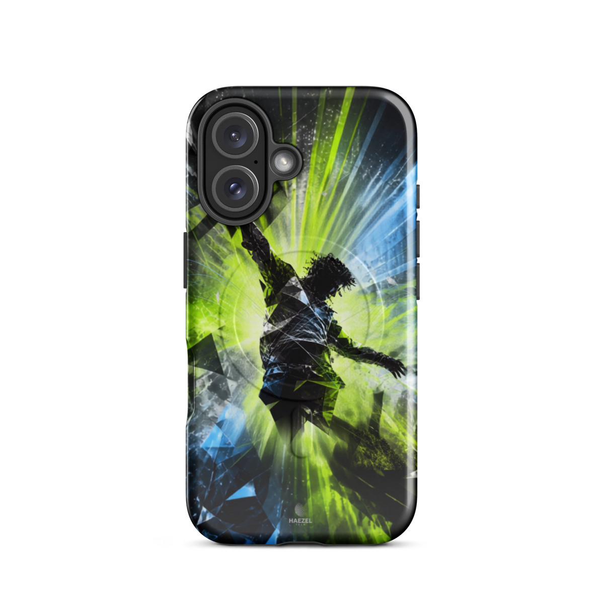 The Kinetic iPhone Case, lime dancer silhouette breaking into geometric shards. Haezel Tech Rhythm Series, view 9