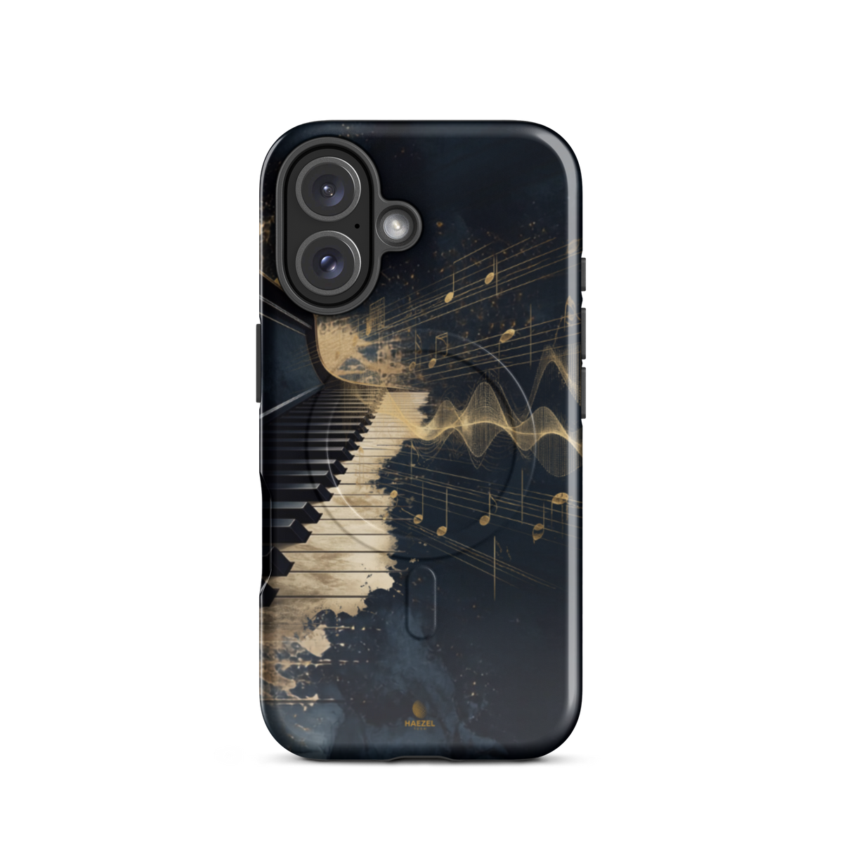 The Nocturne iPhone Case, piano keys and gold music notation on midnight navy. Haezel Tech Rhythm Series, view 9