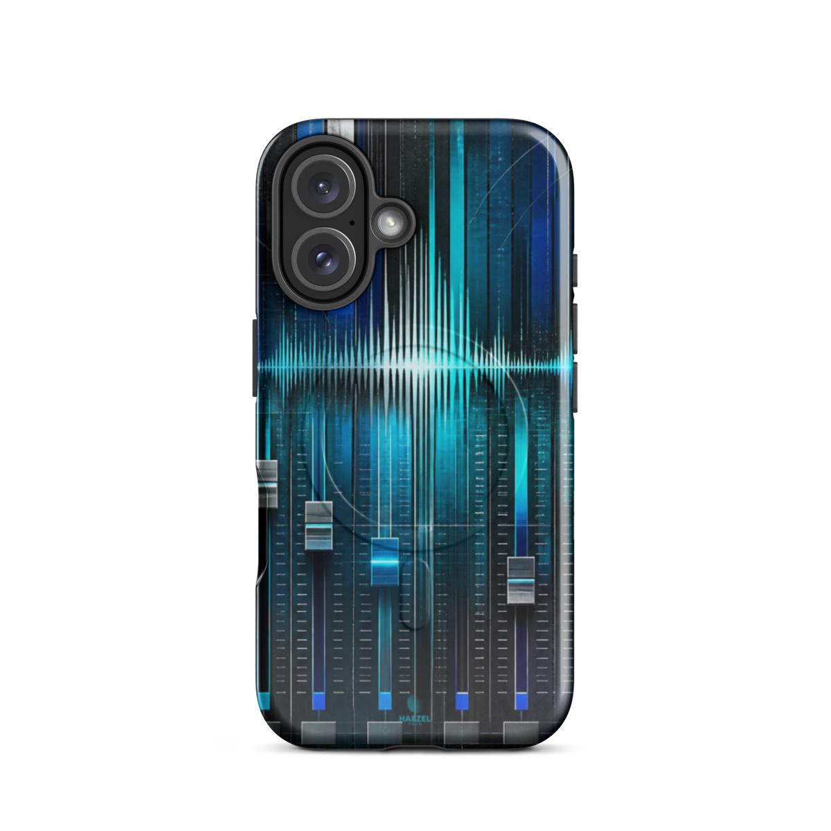 The Mixdown iPhone Case, cyan mixing desk faders and waveform peaks. Haezel Tech Rhythm Series, view 9