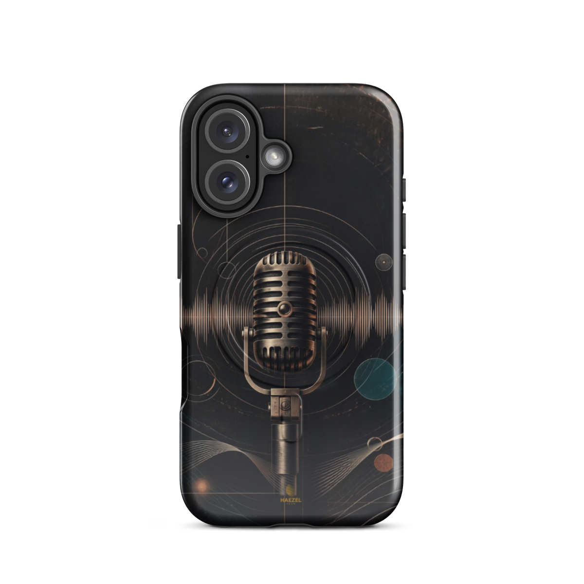 The Broadcast iPhone Case, bronze vintage microphone ringed by soundwaves. Haezel Tech Rhythm Series, view 9
