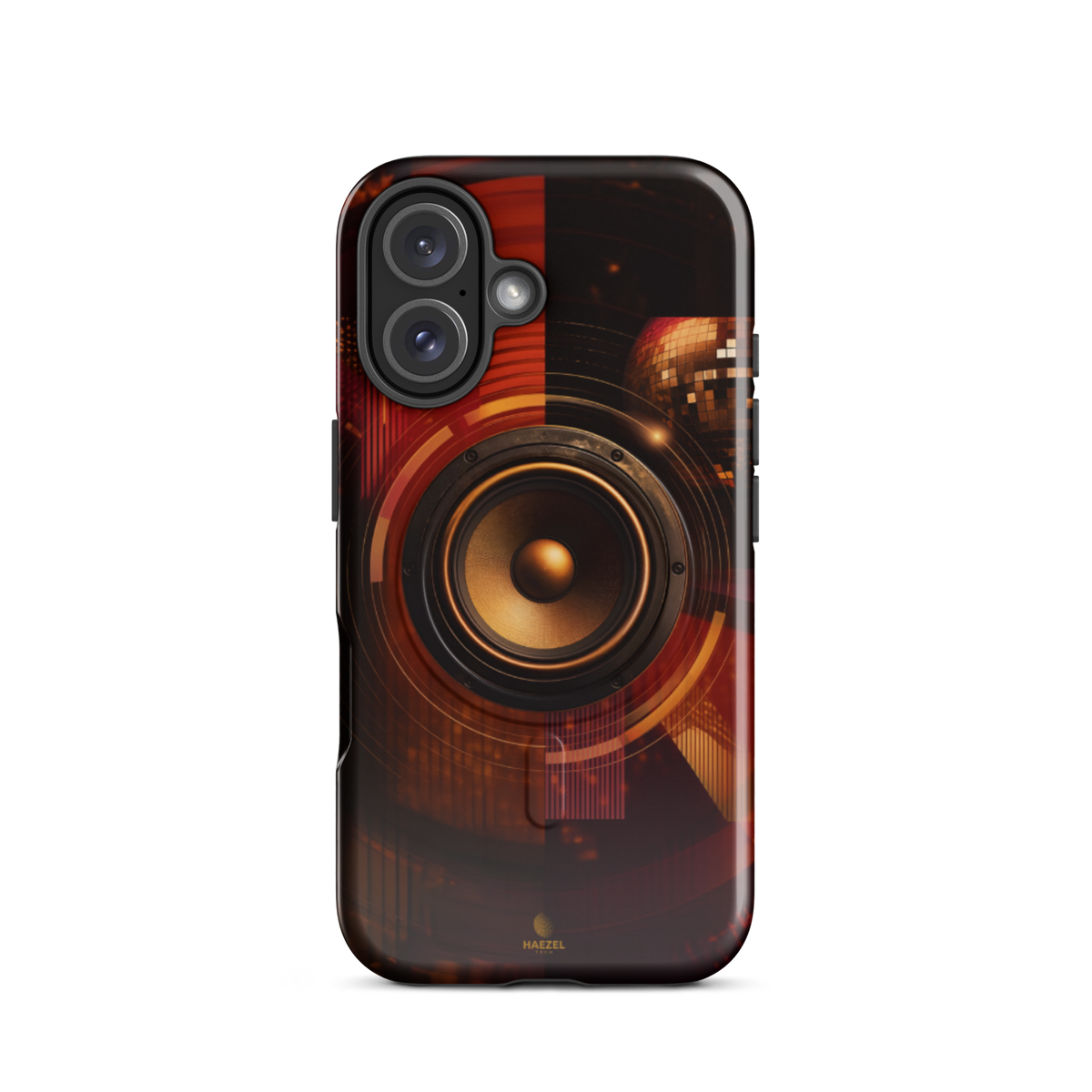 The Bassline iPhone Case, gold speaker cone split across red and black. Haezel Tech Rhythm Series, view 9
