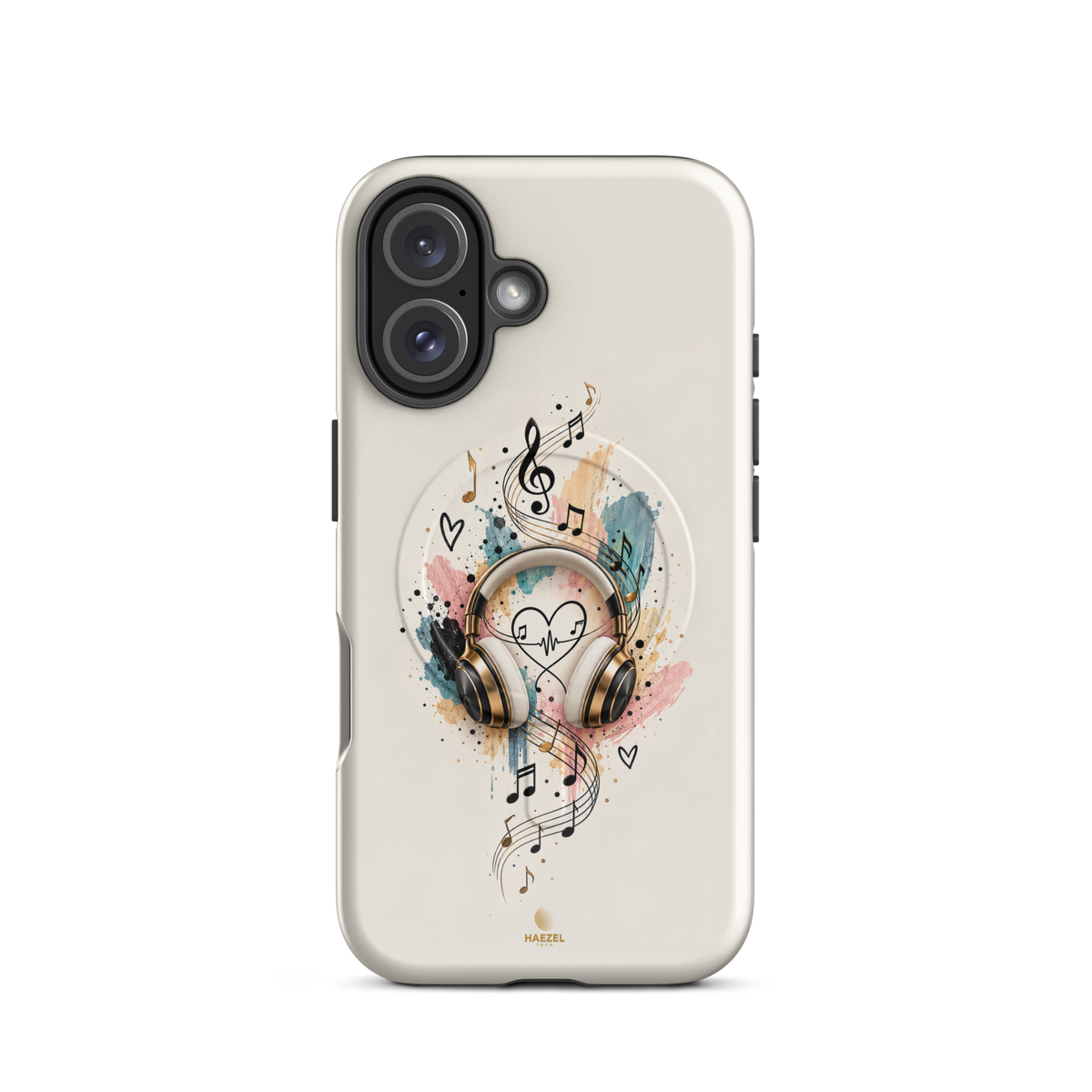 The Serenade Ivory iPhone Case, gold headphones and heartbeat in watercolour on ivory. Haezel Tech Rhythm Series, view 9