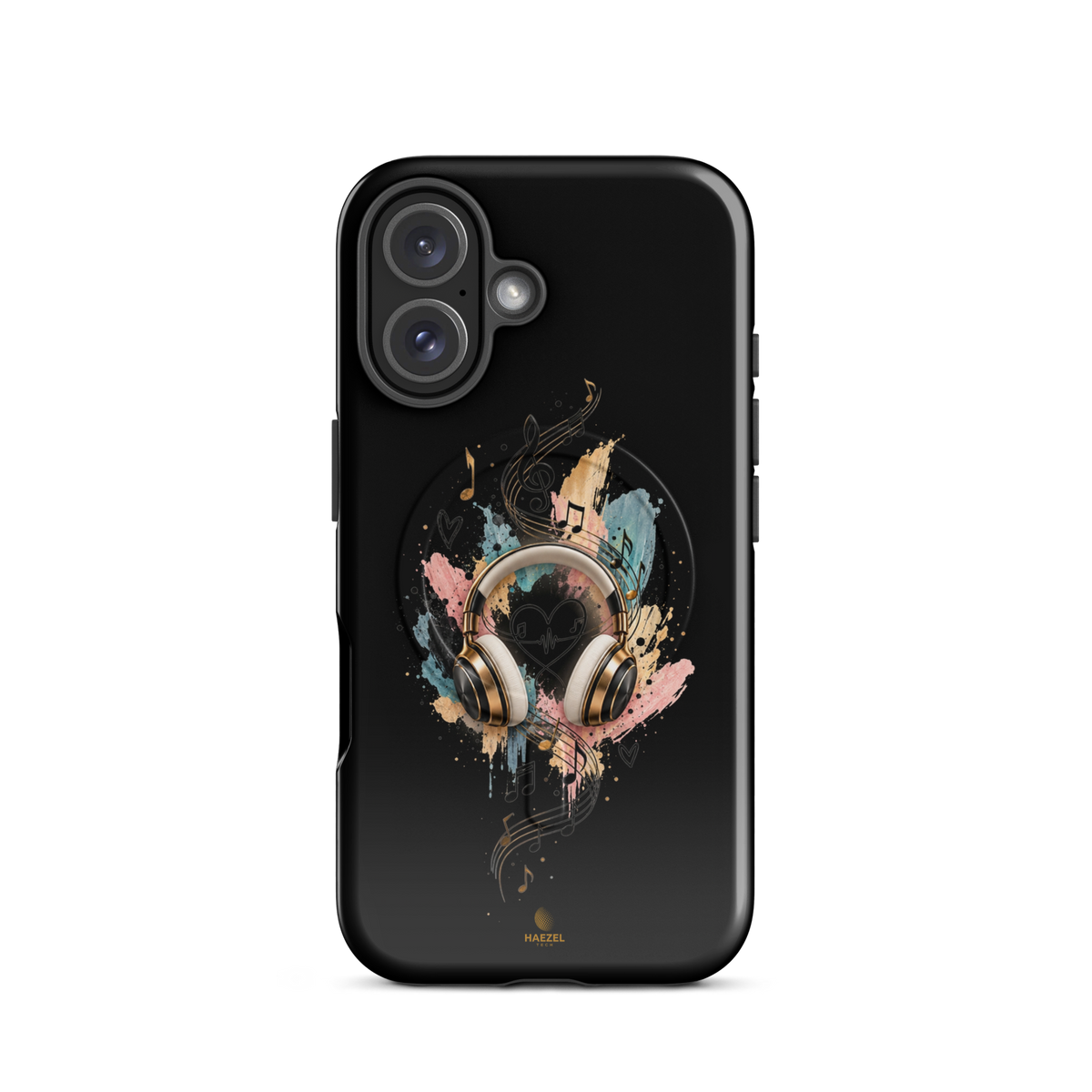 The Serenade Onyx iPhone Case, gold headphones and heartbeat in watercolour on black. Haezel Tech Rhythm Series, view 9