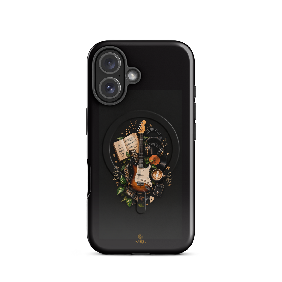 The Songbook iPhone Case, sunburst guitar and open songbook on black. Haezel Tech Rhythm Series, view 9